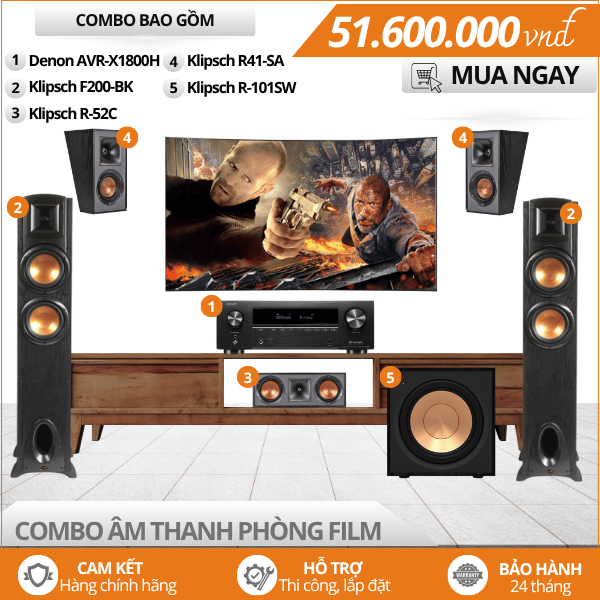 Cấu hình âm thanh phòng film 5.1 Denon AVR X1800H - Klipsch F200-BK